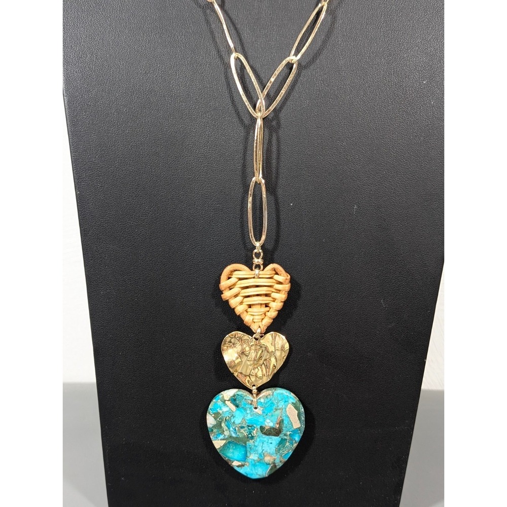 Nakamol Heart Y-Drop Necklace Basket Weave Blue Compressed Stone Oval Chain 28"